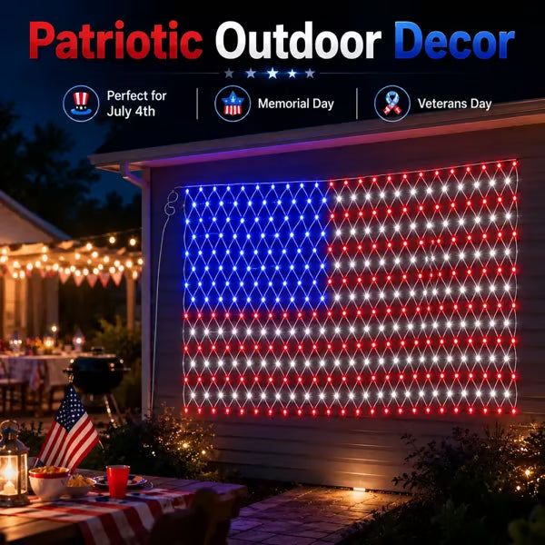 🦅🎉 Waterproof Solar American Flag Net Lights 6.5ft x 3.28ft 🇺🇸 Super Bright 420 LEDs