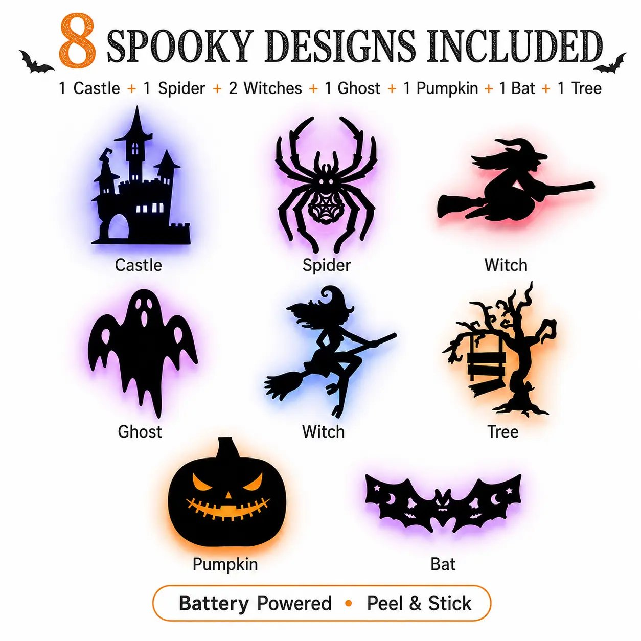 🎃 8-Pack Halloween LED Silhouette Lights – Instant Spooky Decor, No Wires Needed