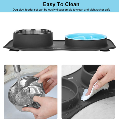 LPW 3-in-1 Slow Feeder Dog Bowl Set with Non-Slip Mat